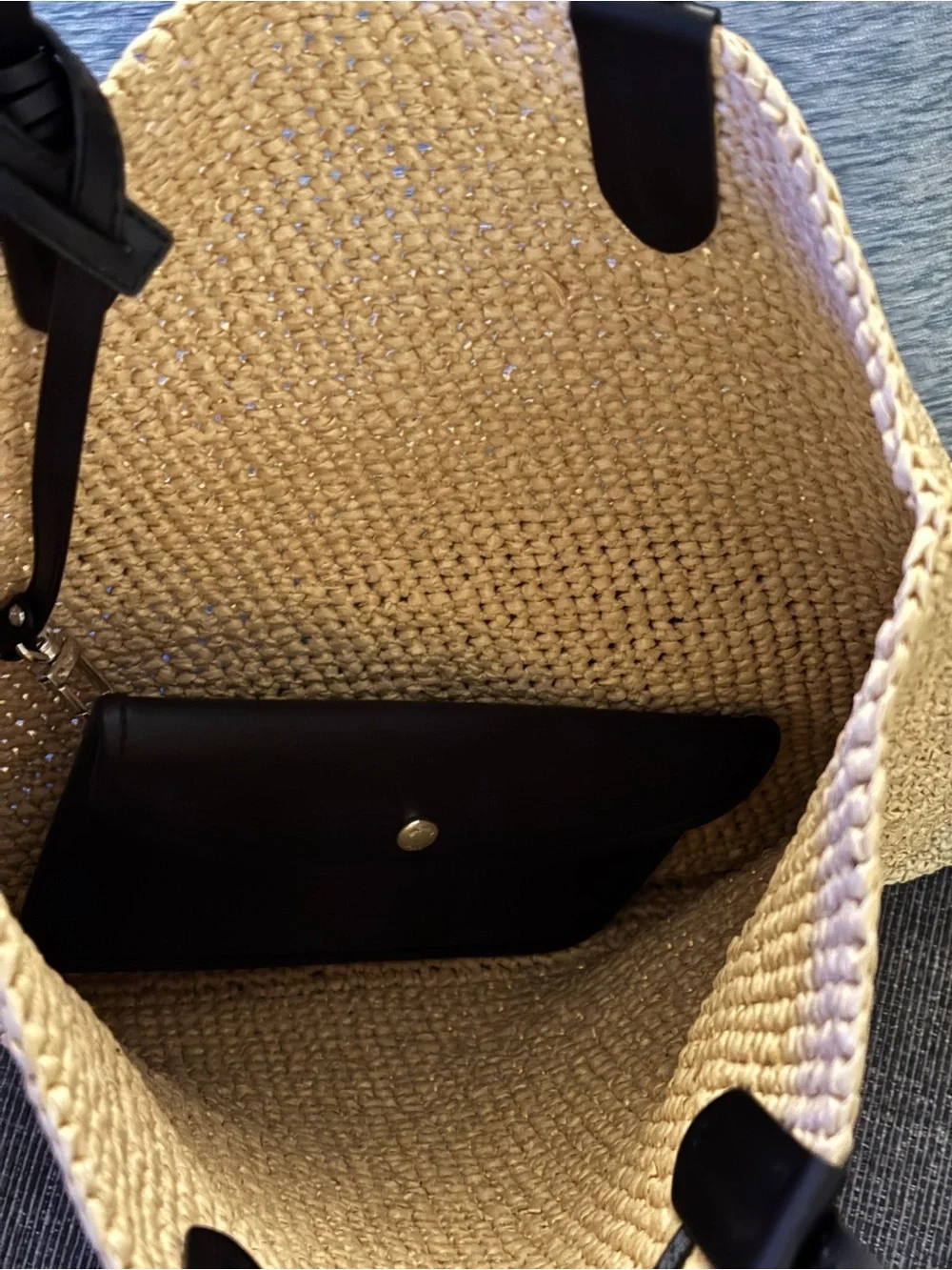 Michael Kors Eliza North/South Natural Woven Tote with Black Leather Pouch NWT